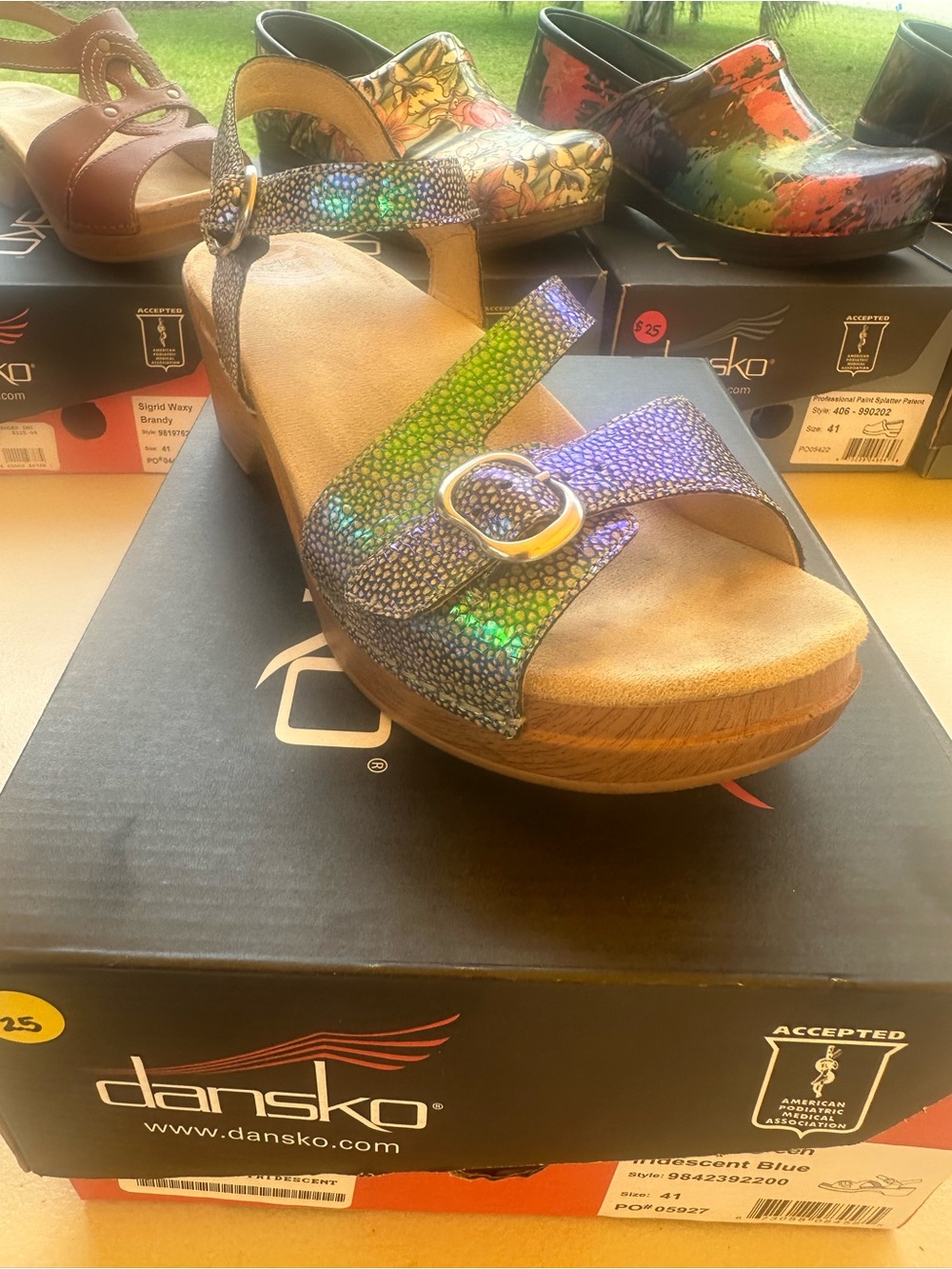 Dansko Iridescent Green-Purple Open-Toe Wedge Sandal